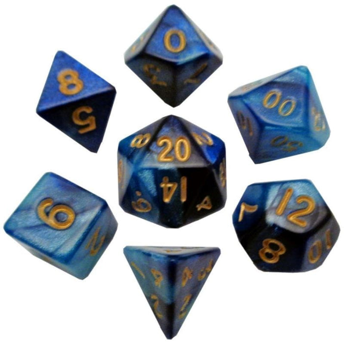 Dice - Mini Polyhedrals - Blue/Light Blue with Gold Numbers (MDG)
