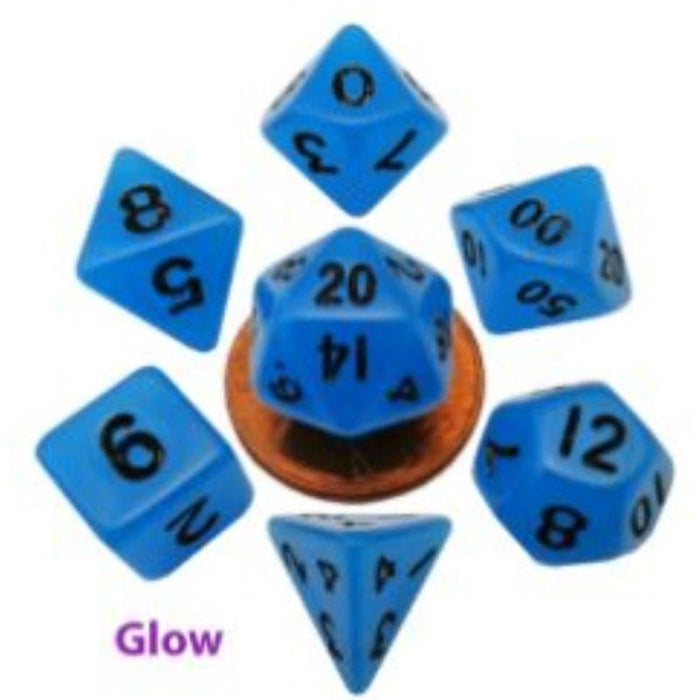 Dice - Mini Polyhedrals - Glow Blue with Black Numbers (MDG)