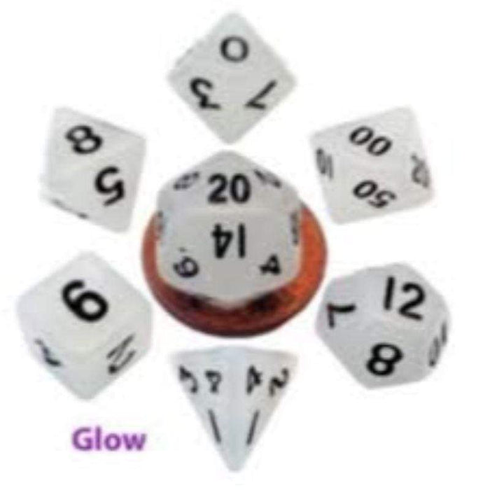 Dice - Mini Polyhedrals - Glow Clear with Black Numbers (MDG)