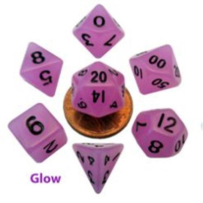 Dice - Mini Polyhedrals - Glow Purple with Black Numers (MDG)