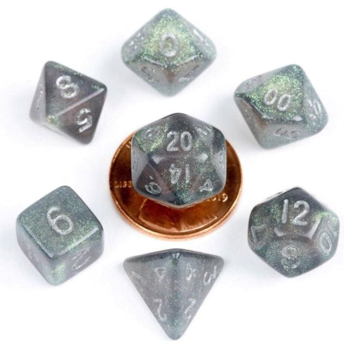 Dice - Mini Polyhedrals - Gray w/ Silver Numbers (MDG)
