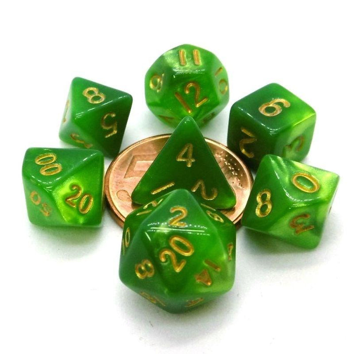 Dice - Mini Polyhedrals - Green/Light Green with Gold Numbers (MDG)