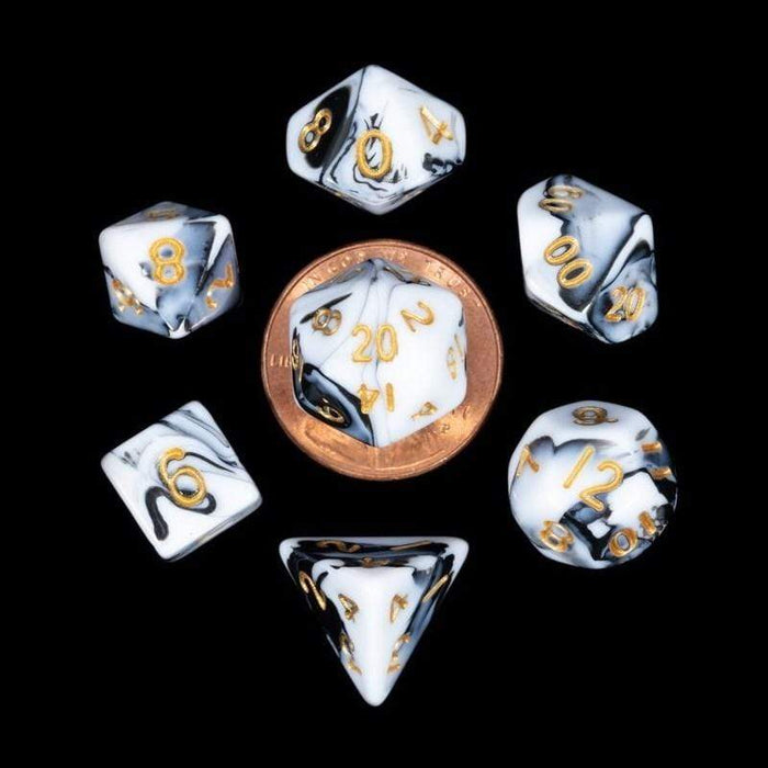 Dice - Mini Polyhedrals - Marble w/ Gold Numbers (MDG)