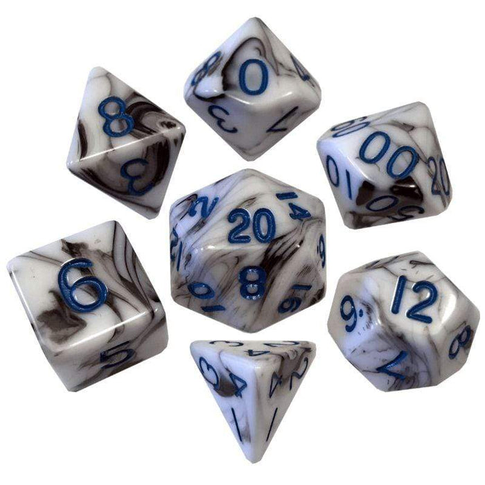 Dice - Mini Polyhedrals - Marble with Blue Numbers (MDG)