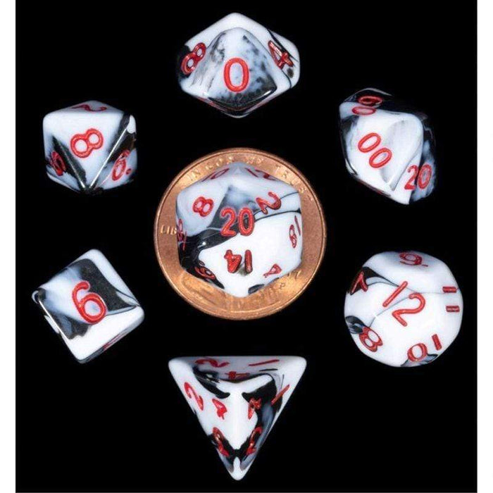 Dice - Mini Polyhedrals - Marble with Red numbers (MDG)
