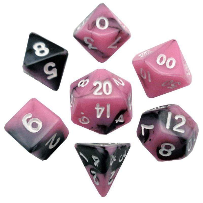 Dice - Mini Polyhedrals - Pink/Black with White Numbers (MDG)