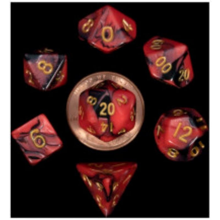 Dice - Mini Polyhedrals - Red/Black with Gold Numbers (MDG)
