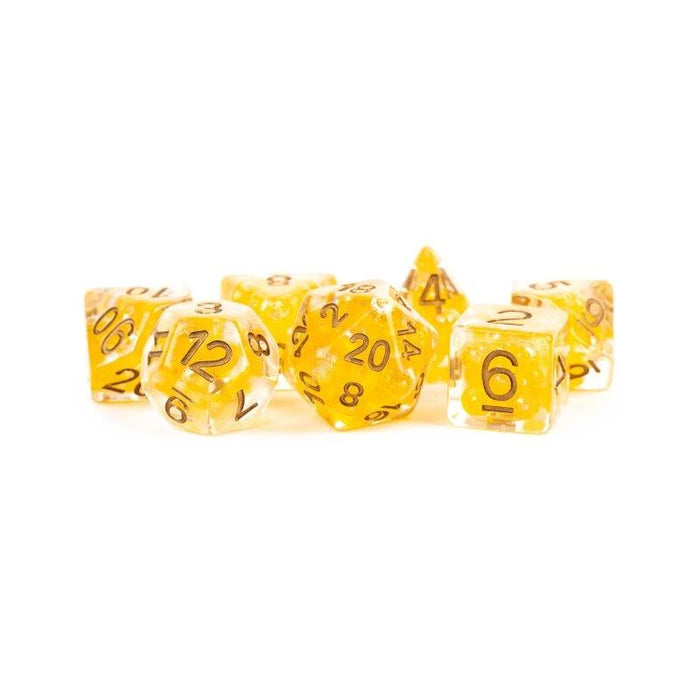 Dice - Pearl Resin Polyhedrals - Citrine w/ Copper Numbers (MDG)