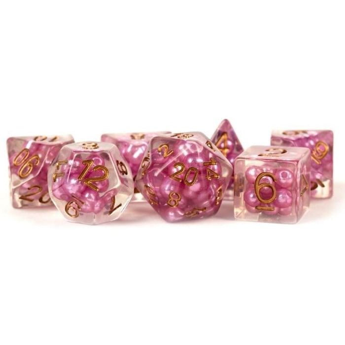 Dice - Pearl Resin Polyhedrals - Pink w/ Copper Numbers (MDG)
