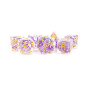 Metallic Dice Games Dice Dice - Pearl Resin Polyhedrals - Purple w/ Gold Numbers (MDG)