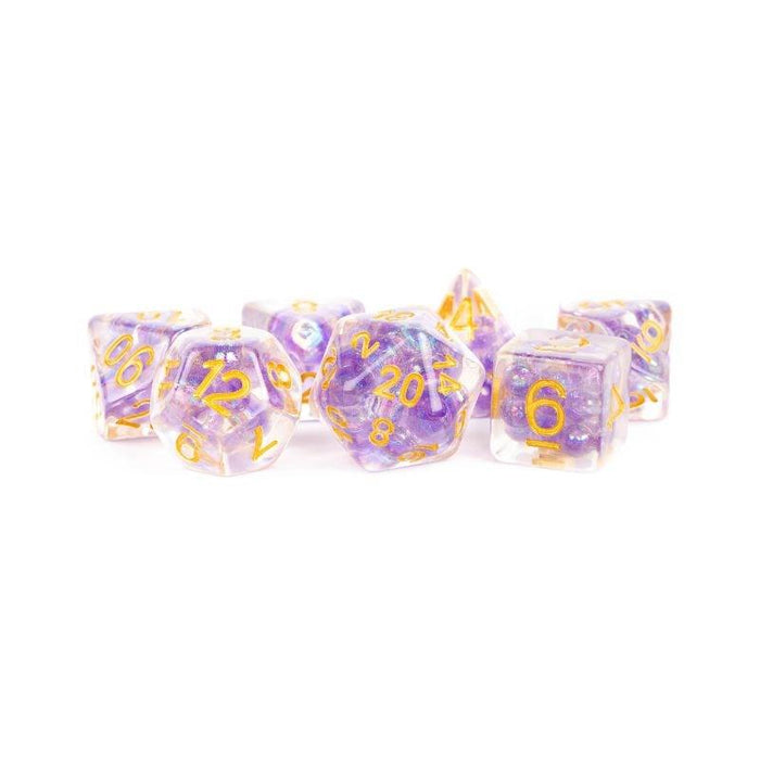 Dice - Pearl Resin Polyhedrals - Purple w/ Gold Numbers (MDG)