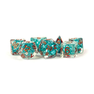 Metallic Dice Games Dice Dice - Pearl Resin Polyhedrals - Teal w/ Copper Numbers (MDG)