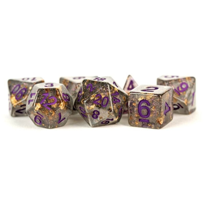 Dice - Resin Polyhedral - Gray w/ Gold Foil w/ Purple Numbers (MDG)