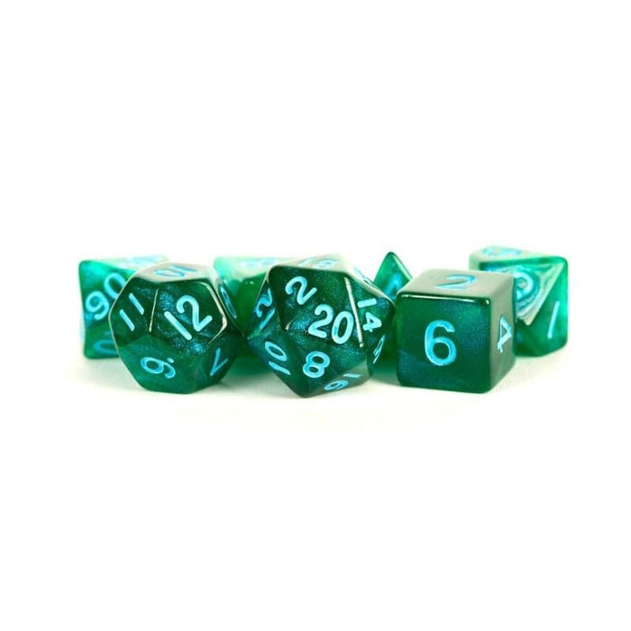 Dice - Stardust Resin -  Green w/ Blue Numbers (MDG)