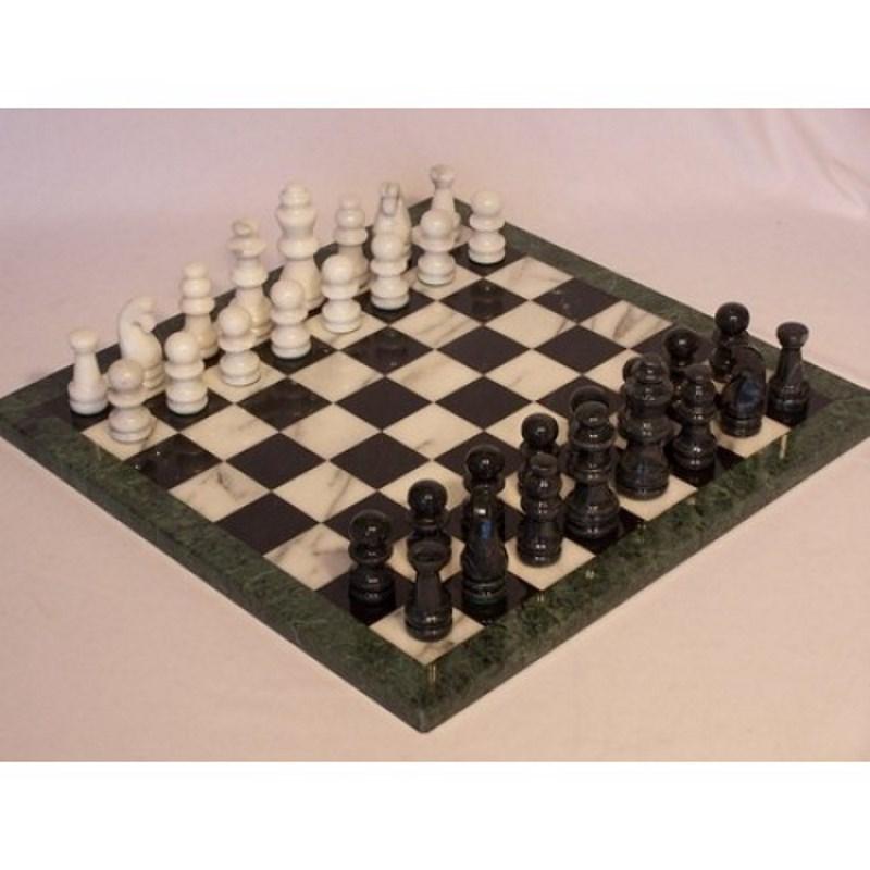 Puzzles and Games Specialists Classic Games Chess Set - Marble 16â Black and White with Green Edge