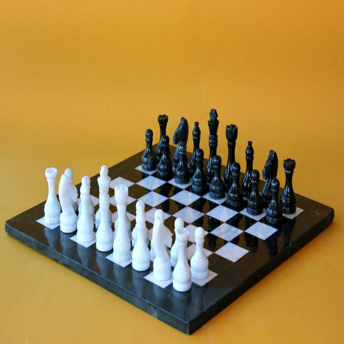 Chess Set - Marble 12" Black/White (Velvet Case)