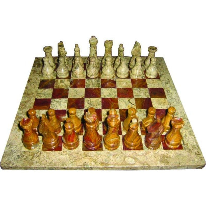 Chess Set - Marble 16" Fossil/Red (Velvet Case)